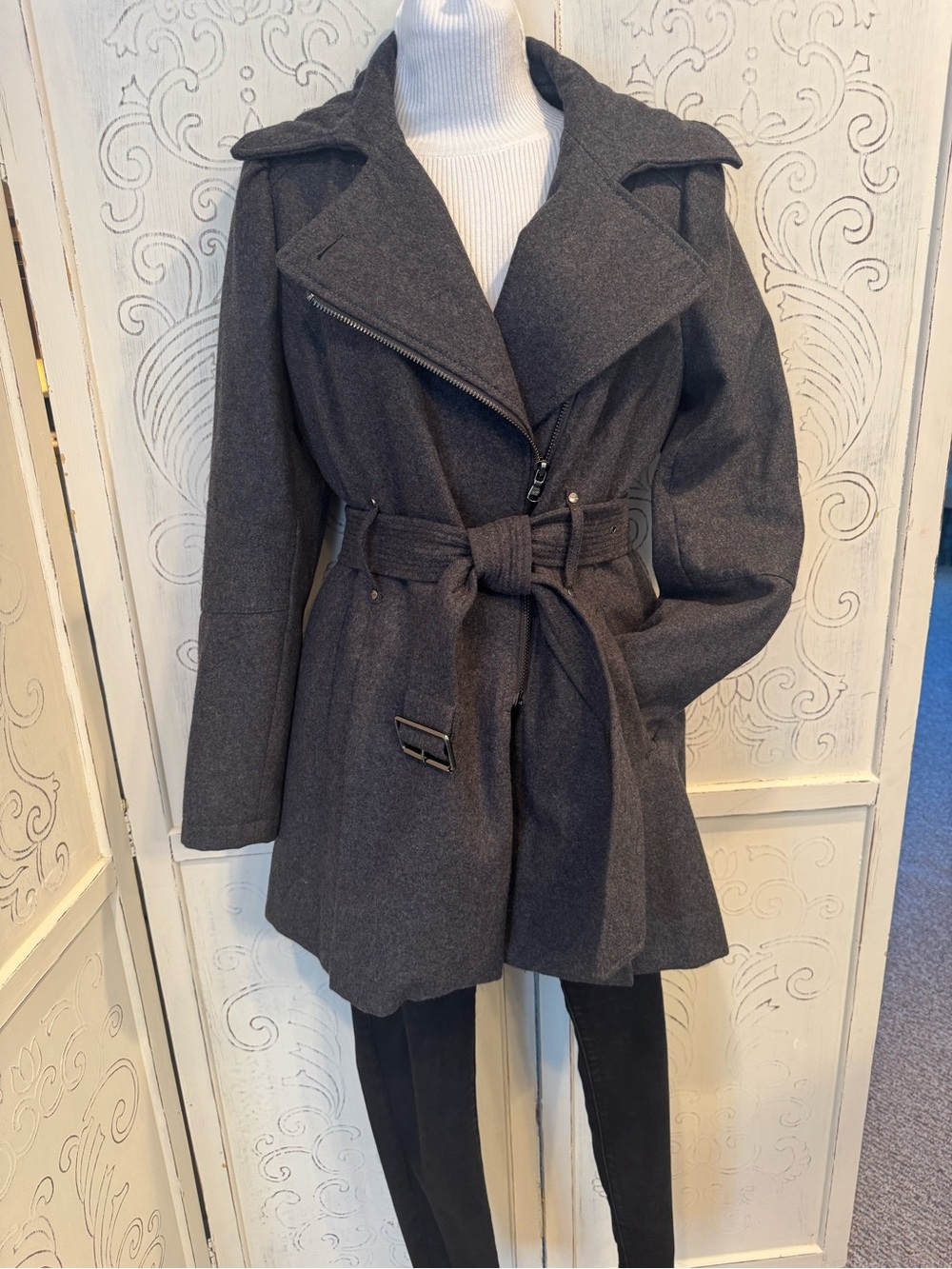 Kenneth Cole Dark Gray Belted Wool-Blend Coat